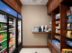 A small convenience store corner with refrigerated drinks on the left, a coffee station in the center, and shelves of snacks on the right.