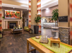 Hotel lobby with a seating area, plants, and a decorative fireplace. A wooden table holds a water dispenser and glasses. The reception desk is visible in the background.