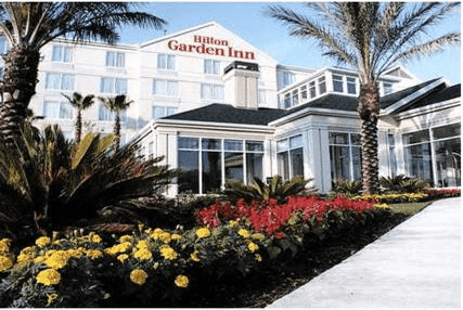 The exterior of the Hilton Garden Inn New Braunfels with a large flower bed and palm trees in the front on a sunny day.