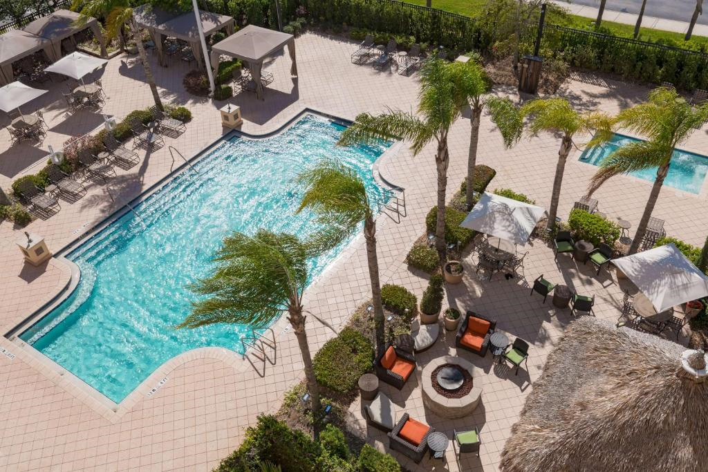 Top view of the outdoor pool on property.