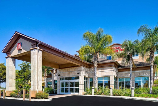 Hotel entrance with a portico, glass doors, and palm trees in front. A logo is displayed on the exterior facade. Clear blue sky in the background.