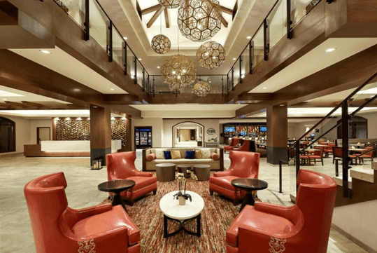 Spacious lobby with seating area.