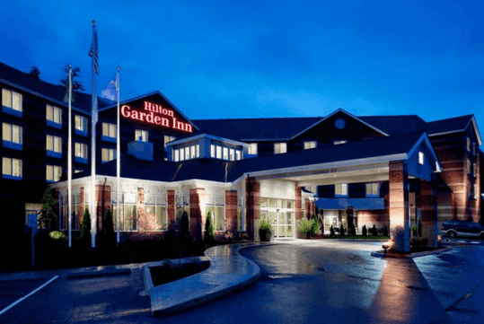Beautiful landscaped hotel exterior.