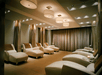 A low lit modern designed room with several beige cushioned lounge chairs with small side tables with a candle on them.