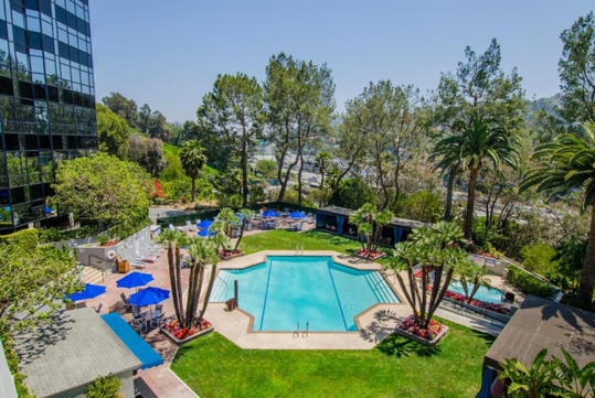 Outdoor pool surrounded with trees.