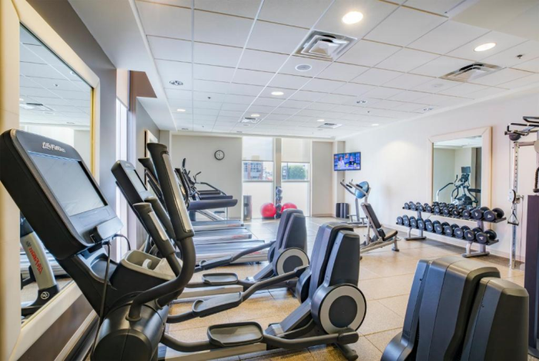 Fitness room with treadmills, and other cardio equipment and weights.