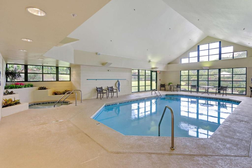 The indoor pool offers a serene escape, perfect for a refreshing swim year-round.