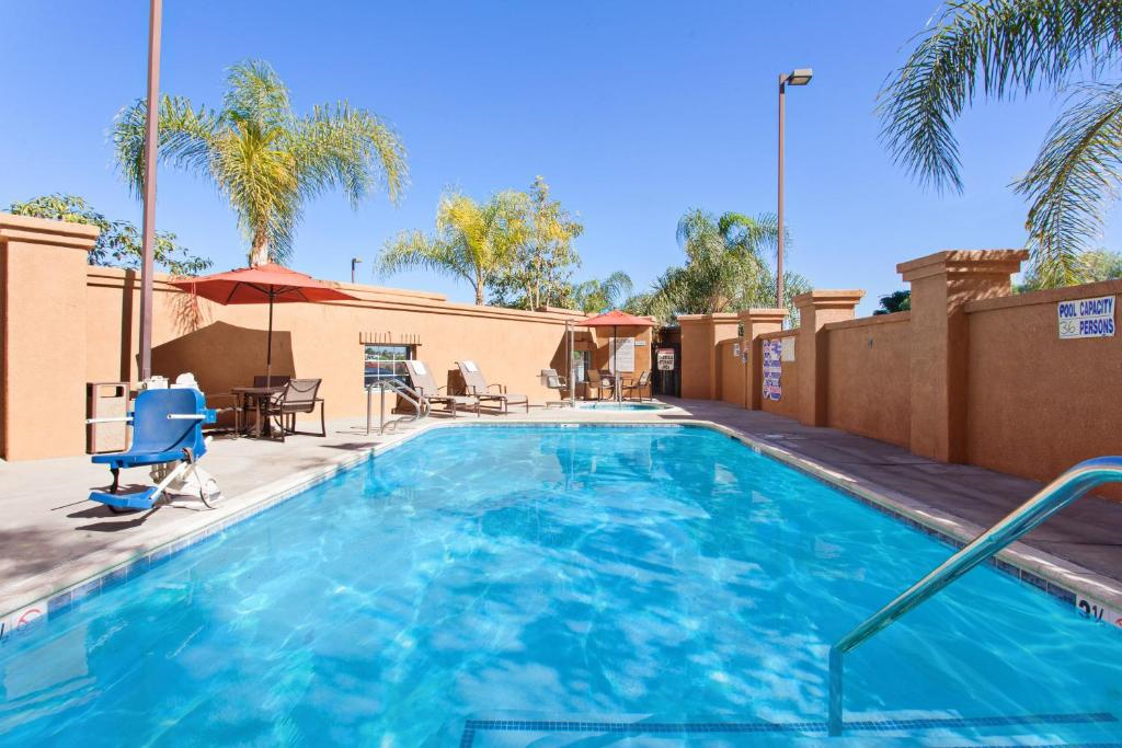 Outdoor swimming pool with clear blue water, surrounded by lounge chairs, umbrellas, and palm trees.