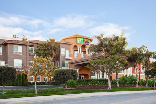 Street view of a Holiday Inn Express hotel with palm trees and manicured landscaping in front.