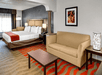 One bed and seating area inside a guest room.