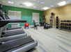 A small fitness center with a green accent wall, a row of treadmills on the left, and a weights area on the right wall.
