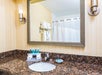 Wall-mounted mirror above a granite countertop with a sink, toiletries, and towels in a bathroom. A shower curtain and two wall lamps are visible.
