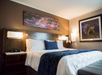 1 King bed and bedside lamps inside a guest room.
