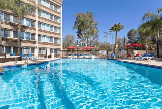 Outdoor pool and loungers.