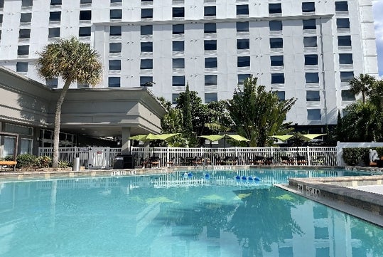 Pool area at Holiday Inn & Suites across from Universal Orlando in Orlando, FL.