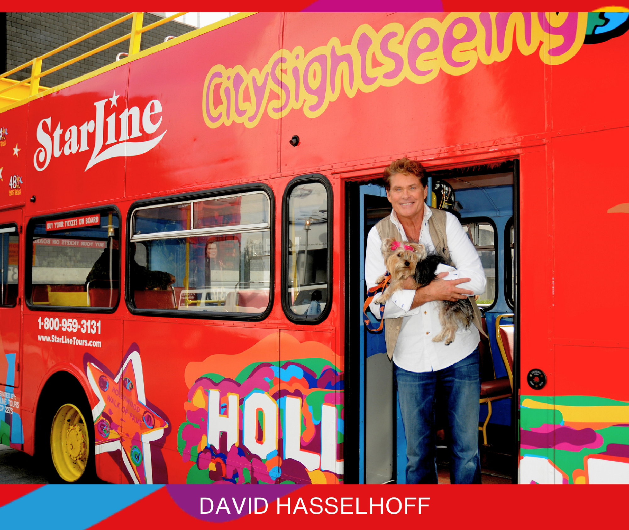 A man holding a small dog stands in the doorway of a red double-decker CitySightseeing bus decorated with Hollywood-themed artwork.