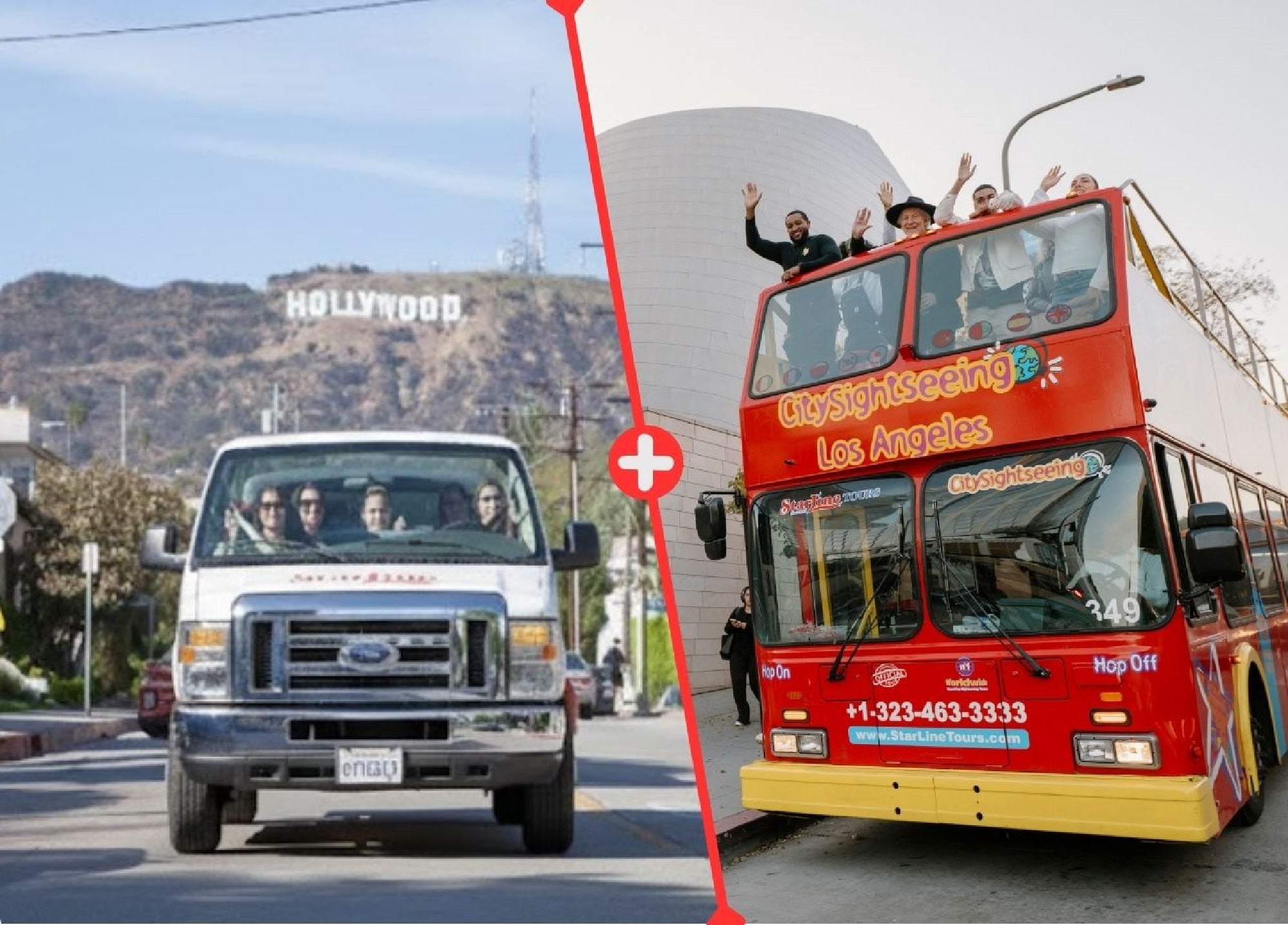 A white tour van drives near the Hollywood sign, and a red double-decker sightseeing bus with passengers is parked in Los Angeles.