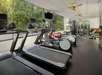 A gym with treadmills, elliptical machines, exercise balls, and weightlifting equipment. Large windows reveal greenery outside. Ceiling fans are visible.
