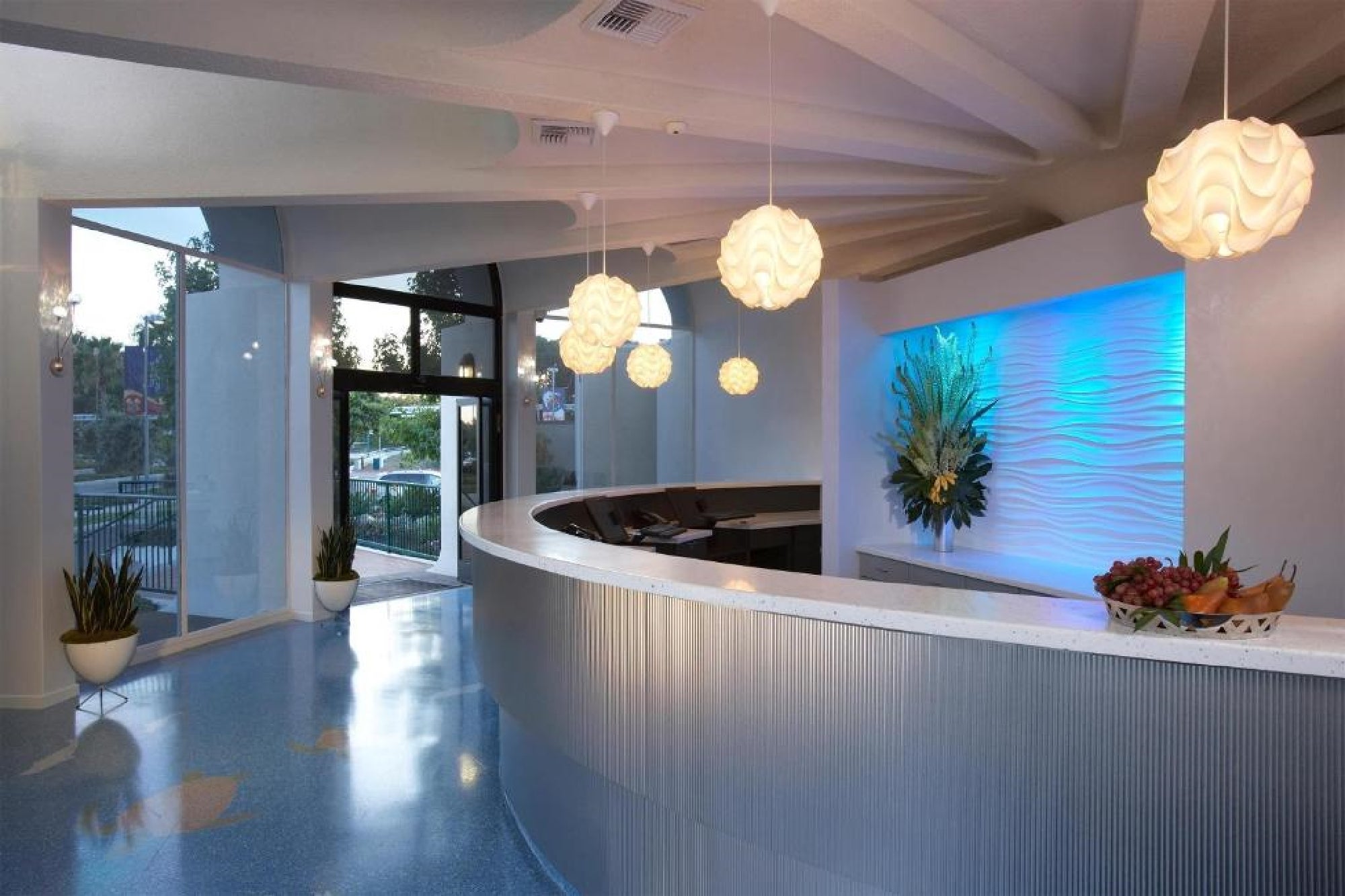 Modern reception area with curved front desk, blue accent wall featuring a plant arrangement, round pendant lights, and large windows letting in natural light.