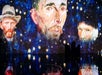 A digital art installation projects three large portraits of Vincent van Gogh against a starry night-themed background.