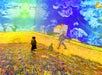 A person stands in a colorful immersive art installation with projections of a vibrant countryside scene on the walls and floor.