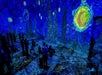 People stand in a room with immersive projections of Van Gogh's "Starry Night" on the walls and floor.