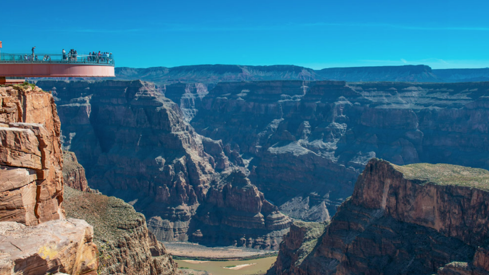 A spectacular view of Skywalk, a glass-bottom observation deck suspended nearly 4,000 feet above the canyon floor.