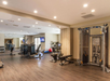 A modern gym room with exercise machines, weights, a bench, and a red exercise ball on a wooden floor. A TV is mounted on the wall.