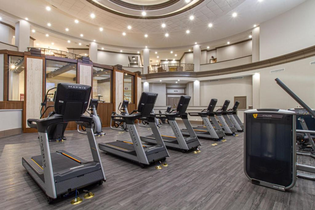 A spacious gym with multiple treadmills in a well-lit area featuring a high ceiling and modern design.