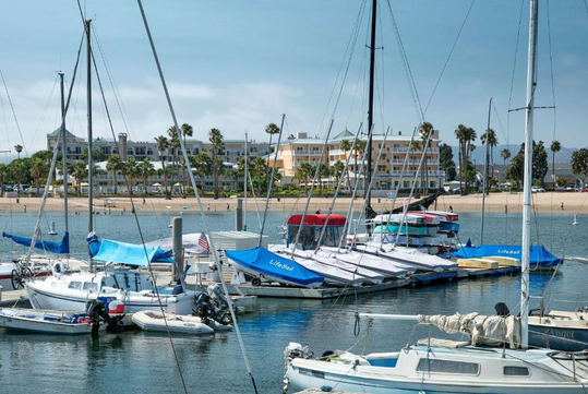 Waterfront hotel with marina views.