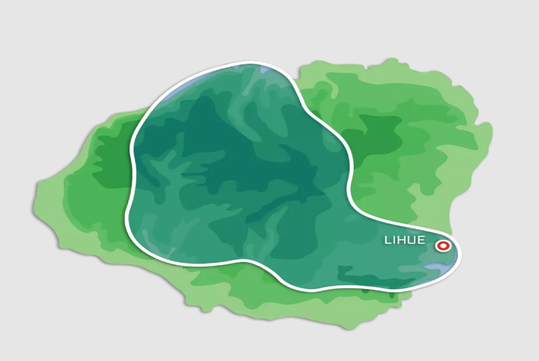 Map illustration showing the island of Kauai, Hawaii, with Lihue marked by a red dot near the southeast part of the island.