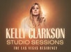 Promotional image for "Kelly Clarkson Studio Sessions: The Las Vegas Residency" featuring Kelly Clarkson with sparkles and orange lighting.