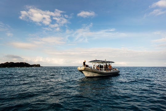 A super-raft full of people bobbing in the water with a blue sky over head and an island in the background to the left.