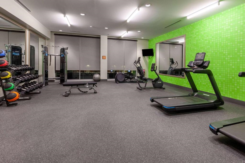 A gym with treadmills, elliptical machines, weights, and a bench on a gray carpet. Bright green accent wall with circles, large windows with blinds, and ceiling lights illuminate the room.