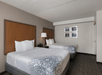 Hotel room with two double beds, white bedding, wooden headboards, a bedside lamp, wall art, and a carpeted floor.