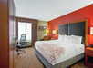 Hotel room with a king-sized bed, colorful bedding, desk with chair, two lamps, window with striped curtains, and a patterned carpet. Walls are painted red and beige.