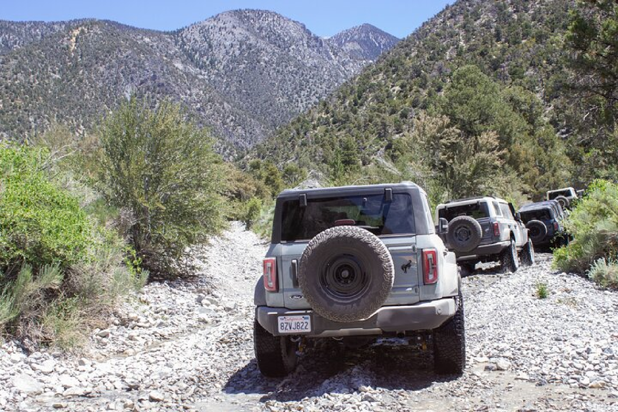 Off-road vehicles driving on a rocky mountain trail surrounded by trees and mountains under a clear blue sky.