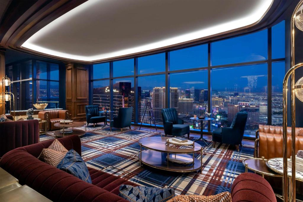 Outdoor pool with city view.