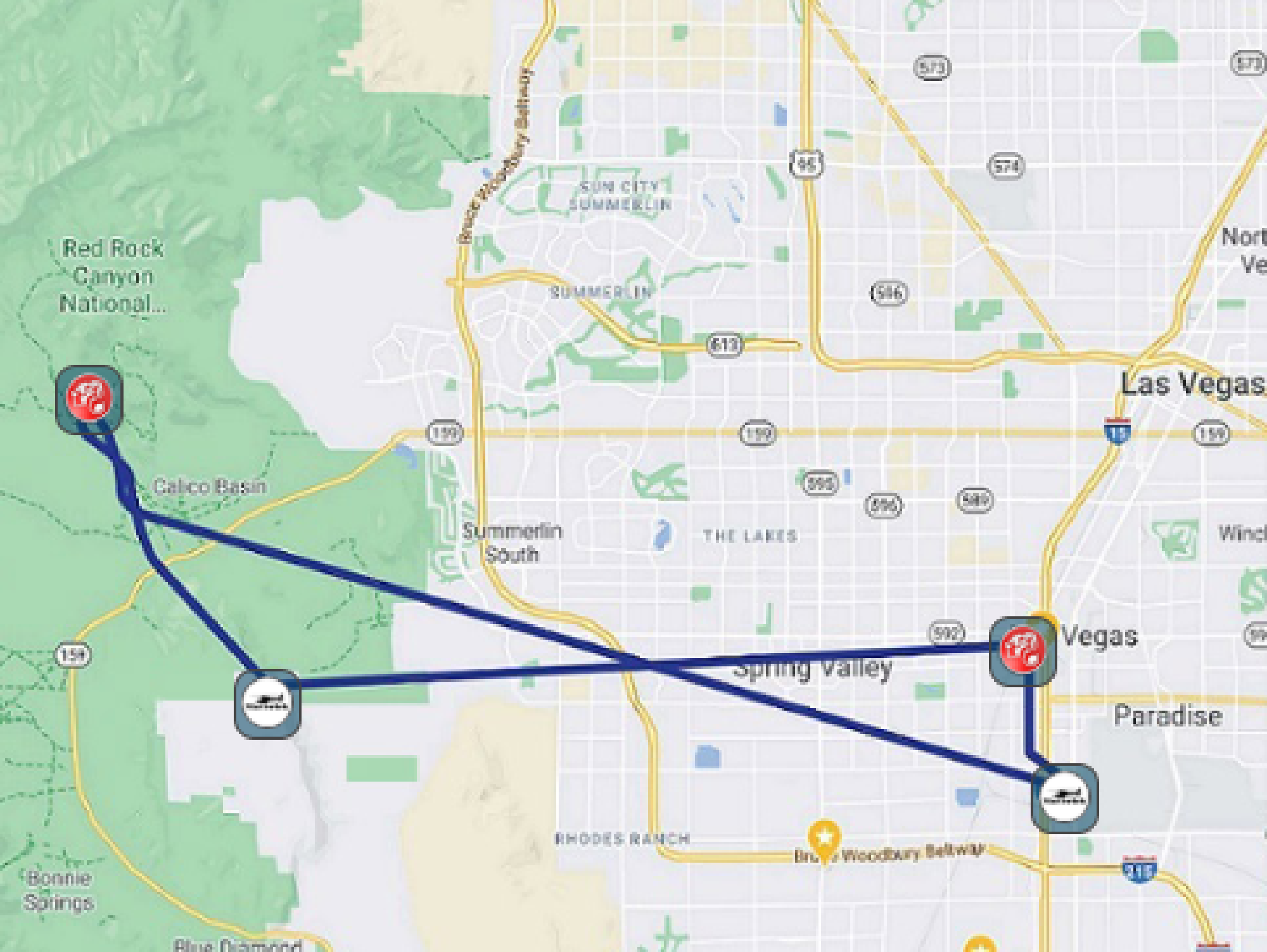 Map showing a driving route from Las Vegas to Calico Basin in Red Rock Canyon National Conservation Area, with marked stops along the way.