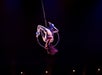 An aerial performer hangs upside down on a suspended hoop, illuminated against a dark background.