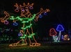 Large, colorful holiday light display featuring a cheerful reindeer wrapped in lights, with decorated trees and mushrooms in the background, set outdoors at night.