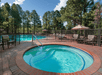 A small, circular hot tub with steps is surrounded by a metal fence and chairs. Behind it, a larger swimming pool is visible, framed by trees and lounge chairs under umbrellas.
