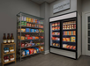 Small convenience store corner with shelves of snacks, drinks, and a refrigerator filled with various frozen foods.