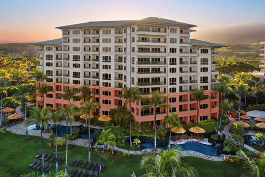 Beautifully landscaped hotel exterior surrounded by palm trees.
