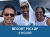 A selfie with three people in front of a car and a blue box saying "Resort Pickup 8 Hours" with Maui Pickup in Maui, Hawaii, USA.