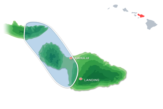 Map showing parts of Maui, highlighting areas around Kahului and a landing mark. A small inset of the Hawaiian Islands is visible, with one island colored red.