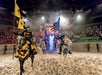 Knights in colorful armor and capes ride horses with flags in an indoor arena, while an audience watches from the stands.