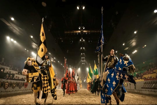 Heraldic banners leading the medieval procession.