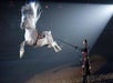 A white horse leaps mid-air while a person in medieval attire holds its reins in an arena under a spotlight.