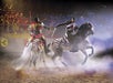 Two knights in armor joust on horseback in an arena, surrounded by an audience and dramatic lighting effects with mist on the ground.